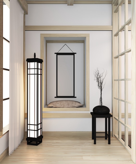Zen nowoczesny pokój japoński wnętrze z półką drewniany pomysł pokoju Japonii i drewnianą podłogę. Renderowanie 3D