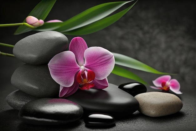 Zen Spa Kamienie Z Różową Orchideą I Bambusem Generatywne AI