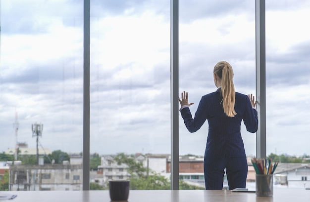 Żeńska biznesowa kobieta patrzeje out okno dla sukcesu