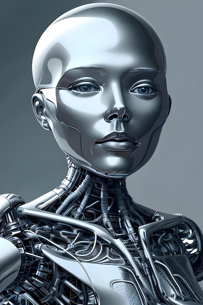 Żeński robot z twarzą i niebieskimi oczami.