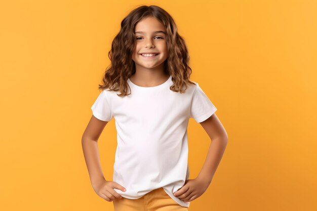 Żeńskie dziecko dziewczynka ubrana w makietę białej płótna bella na żółtym tle Zaprojektuj szablon tshirt wydrukuj makietę prezentacji AI wygenerowane