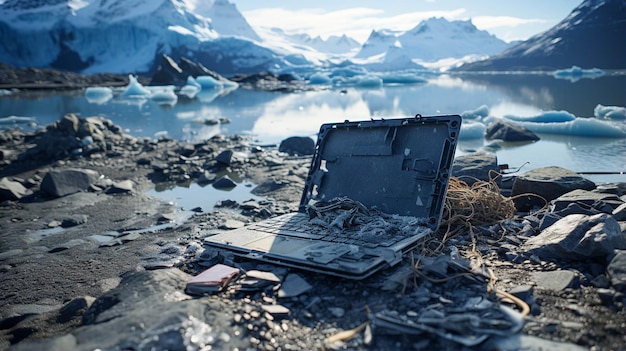 zepsuty laptop w górach Kreatywne tło fotografii w wysokiej rozdzielczości