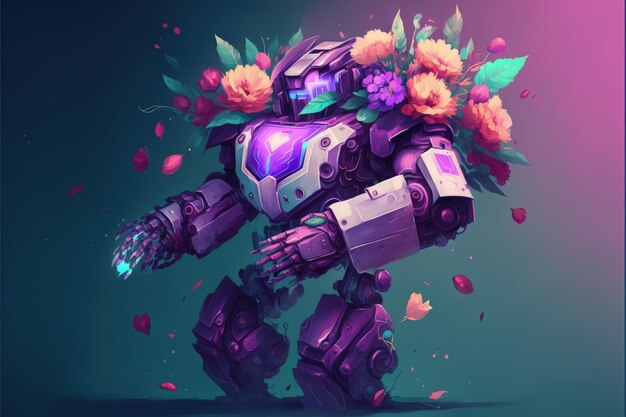 Zepsuty robot niosący bukiet fioletowych kwiatów Koncepcja fantasy Obraz ilustracyjny Generatywna sztuczna inteligencja
