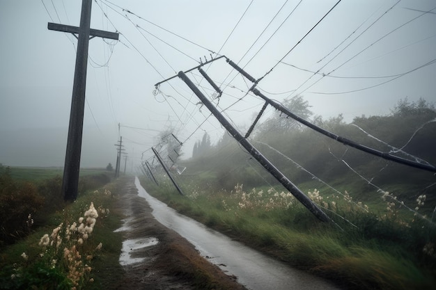 Zdjęcie zerwanie linii energetycznej w burzliwej pogodzie z silnymi wiatrami i deszczem