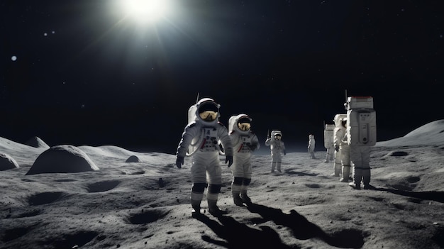 Zespół astronautów chodzi po księżycu generatywną sztuczną inteligencją