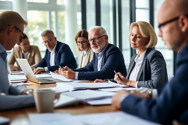 Zdjęcie zespół biznesowy pracujący nad nowym projektem i uśmiechnięty mężczyzna i kobieta razem w nowoczesnym biurze do dyskusji nad projektem