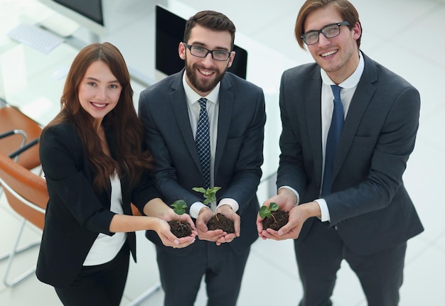 Zespół biznesowy trzymający w dłoniach zielony shootsecokoncepcję biznesową