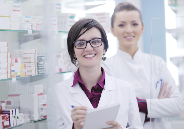 Zespół farmaceutów, chemików, grupa kobiet stojących w aptece.