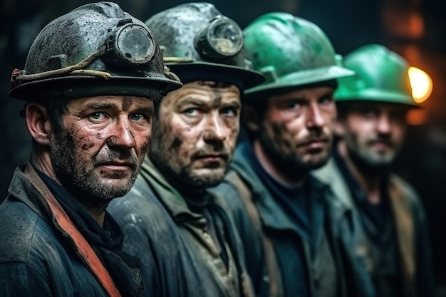 Zespół górników ubranych w sprzęt ochronny i kaski pracuje w kopalni węgla Generative AI