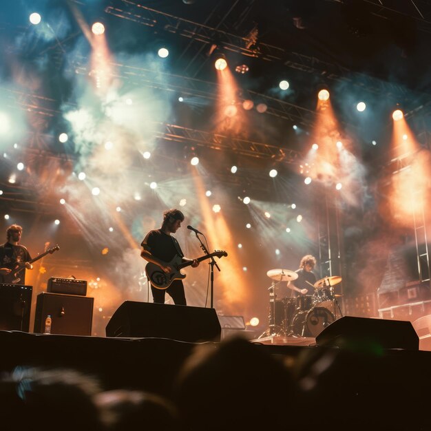 Zdjęcie zespół grający na scenie z światłami za nimi