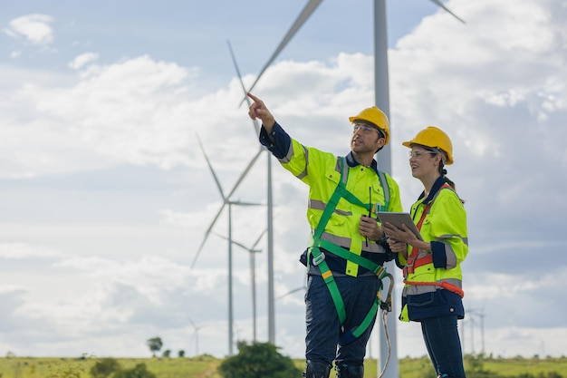 Zespół inżynierów mężczyzna i kobieta pracują razem na polu plan badań budowy turbiny wiatrowej generator czystej energii