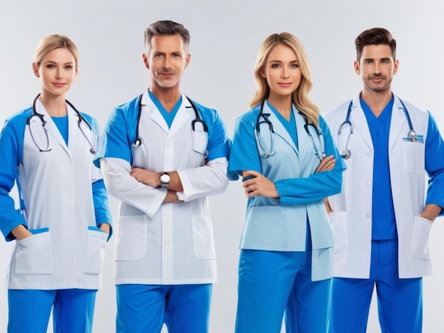 Zespół lekarzy azjatyckich nosi mundur lekarza w kolorze niebieskim