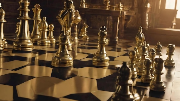 Zespół luksusowych złotych i srebrnych figur szachowych z królem i pionkiem stojącymi na sześciokątnym wzorze na piętrze b