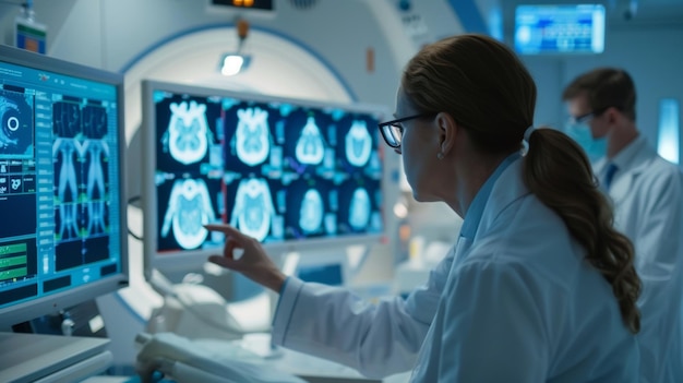 Zespół medyczny przeglądający protokoły bezpieczeństwa i procedury obsługi maszyny MRI w
