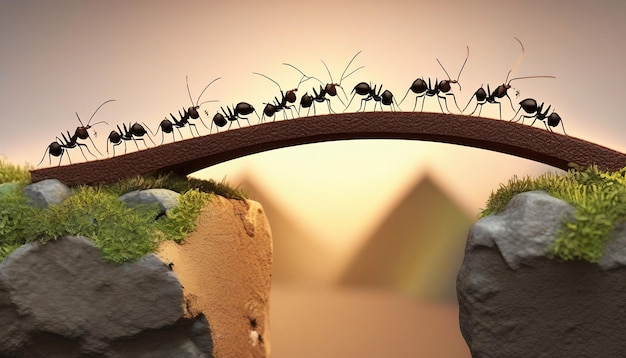 Zespół mrówek pracuje nad budową mostu. Praca zespołowa