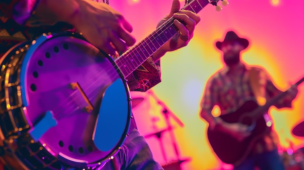 Zdjęcie zespół muzyki country występuje na scenie. gracz na banjo jest na pierwszym planie, a gitarzysta i basista w tle.