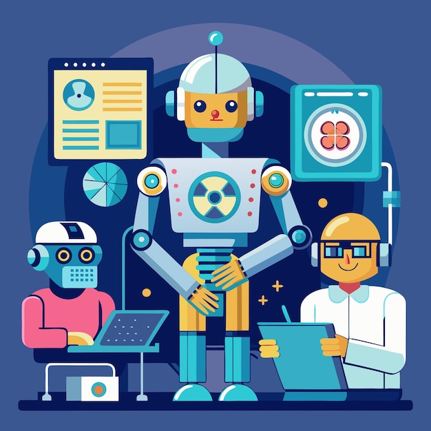 Zespół robotów pracujących razem nad projektem
