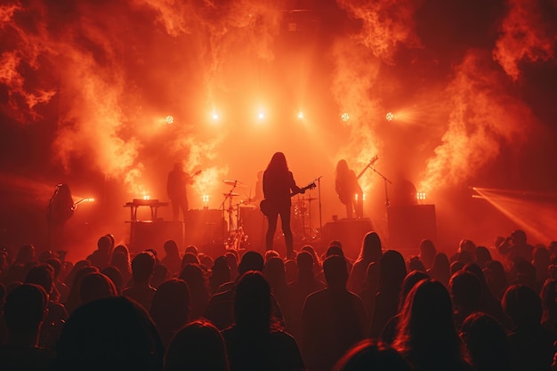 Zdjęcie zespół rockowy występujący na scenie w dymie i światłach