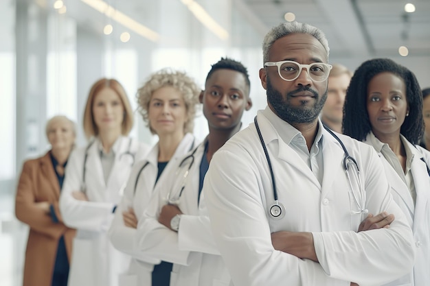 Zespół różnorodnych pracowników służby zdrowia stojący razem
