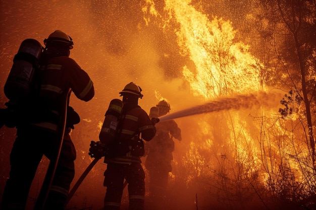 Zdjęcie zespół strażaków gaszy pożar.