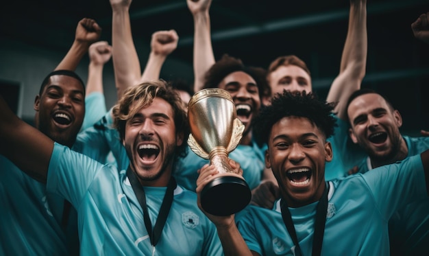 Zespół świętuje zwycięstwo w grze w Pucharze Mistrzostw Świata w Piłce Nożnej profesjonalną nagrodę dla drużyny zwycięzcy turnieju Trofeum Mistrza