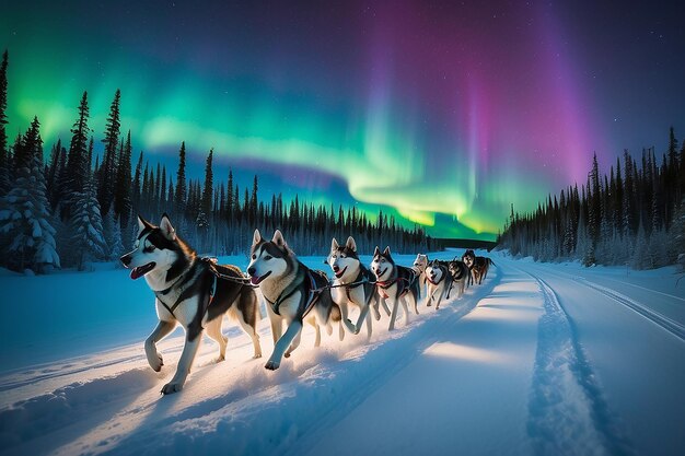 Zespół sześciu psów na saniach husky biegnących po śnieżnej pustyni na północy Kanady pod aurorą północną i światłem księżyca