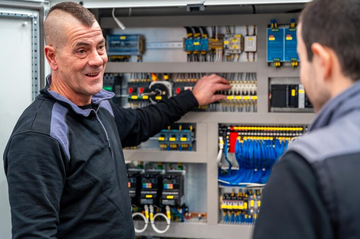 Zespół techników przemysłowych zajmujących się instalacją i konserwacją systemów elektrycznych i mechanicznych