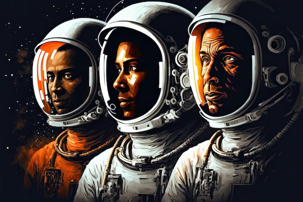 Zespół trzech międzynarodowych astronautów w kombinezonach kosmicznych Plakat filmowy Ilustracja Generative AI