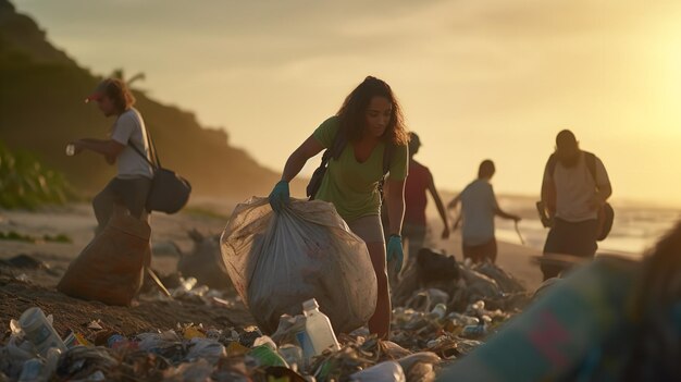 Zespół wolontariuszy zbierających plastikowe odpady na plaży Generative Ai