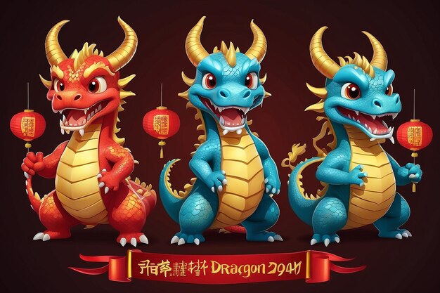 Zestaw 3 postaci kreskówkowych smoków do chińskiego Nowego Roku 2024 Rok Smoka