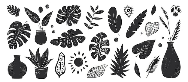 Zdjęcie zestaw abstrakcyjnych rysunków ręcznych kształtów liści roślin tropikalnych ilustracja wygenerowana przez sztuczną inteligencję