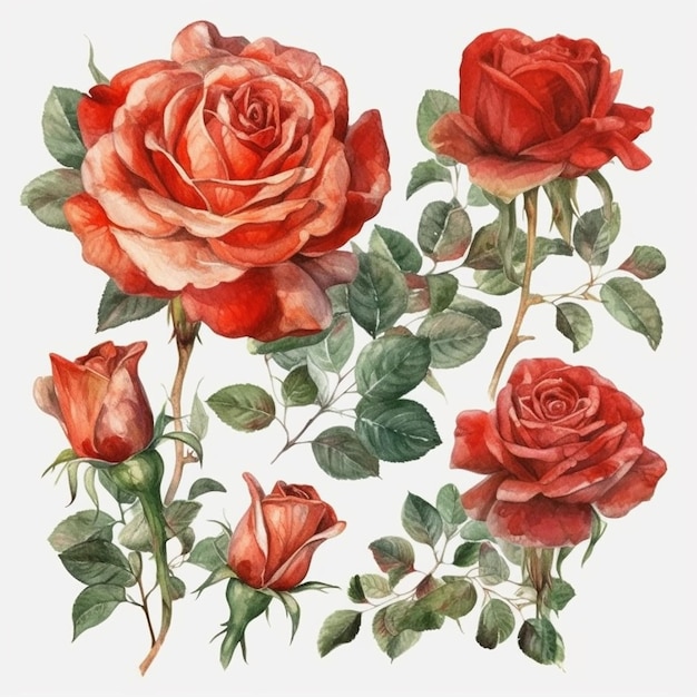 Zestaw akwarela czerwonych róż na białym tle