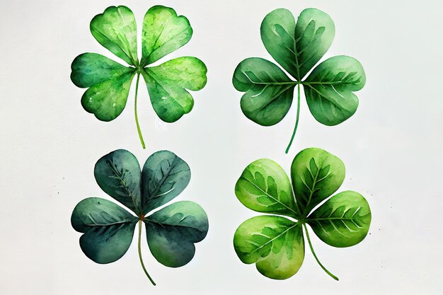 Zestaw akwarela czterolistne koniczyny Happy St Patrick39s Day mieszane media wektor ilustracja realistyczne Generative Ai