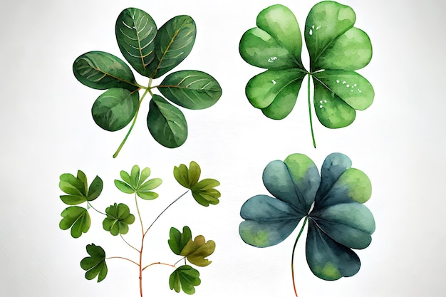 Zestaw akwarela czterolistne koniczyny Happy St Patrick39s Day mieszane media wektor ilustracja realistyczne Generative Ai