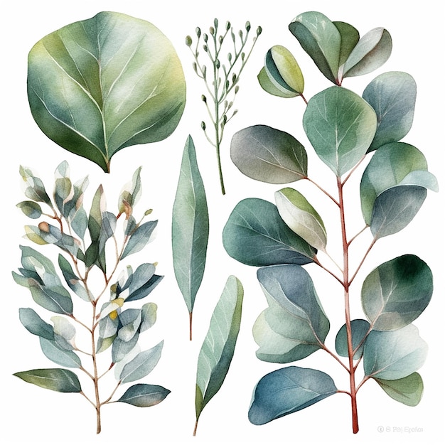 Zestaw akwareli ilustracji botanicznych eukaliptusa zielonych roślin i liści