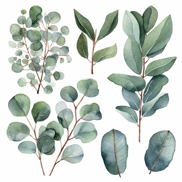 Zdjęcie zestaw akwareli ilustracji botanicznych eukaliptusa zielonych roślin i liści