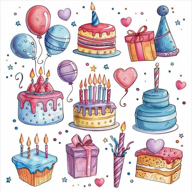 Zdjęcie zestaw akwarelowy z niezbędnymi przedmiotami urodzinowymi, takimi jak balony do ciasta i kapelusze
