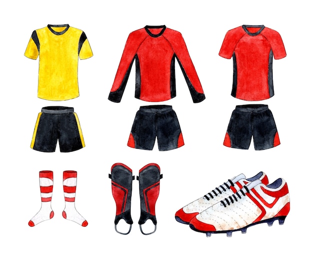 Zdjęcie zestaw akwarelowych ilustracji mundurów piłkarskich w kolorze czerwonym i żółtym z czarnym zestaw sportowy