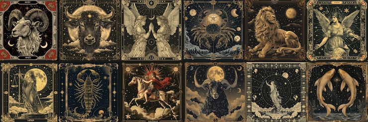 Zdjęcie zestaw astrologicznych znaków zodiaku w stylu kart tarota w vintage estetyce