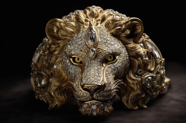 Zestaw biżuterii lwa z diamentami na ciemnym tle Dzikie zwierzęta Ilustracja Generatywne AI