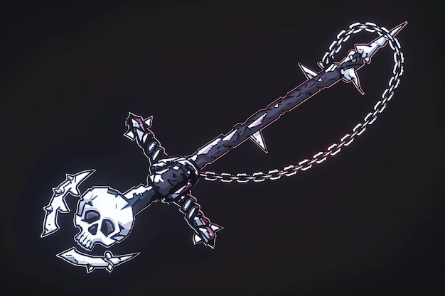 Zestaw broni grappling hook pixel z projektem czaszki i łańcuchów i Game Asset Tshirt Concept Art