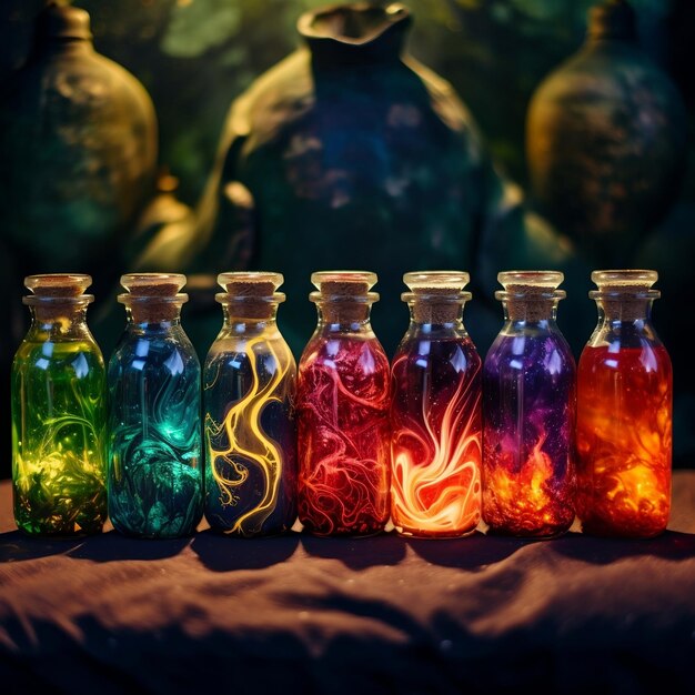Zdjęcie zestaw butelek o różnych kolorach z czerwonym, niebieskim, żółtym, fioletowym i czarnym pigmentem na stole