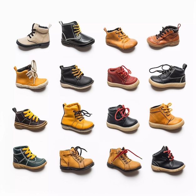 zestaw butów dla dzieci o różnych typach i nowoczesnych kolorach na białym tle generowany ai