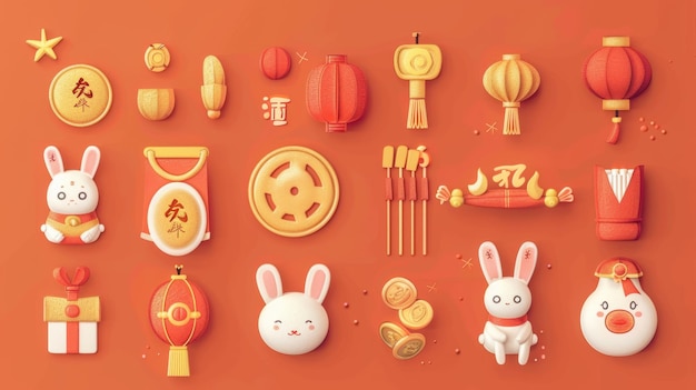 Zestaw chińskich noworocznych pałeczek fortuny izolowanych na pomarańczowym tle z królikami w tradycyjnych kostiumach pałeczki fortuny wiadro marchewki czerwone koperty monety złote cegły i latarnie