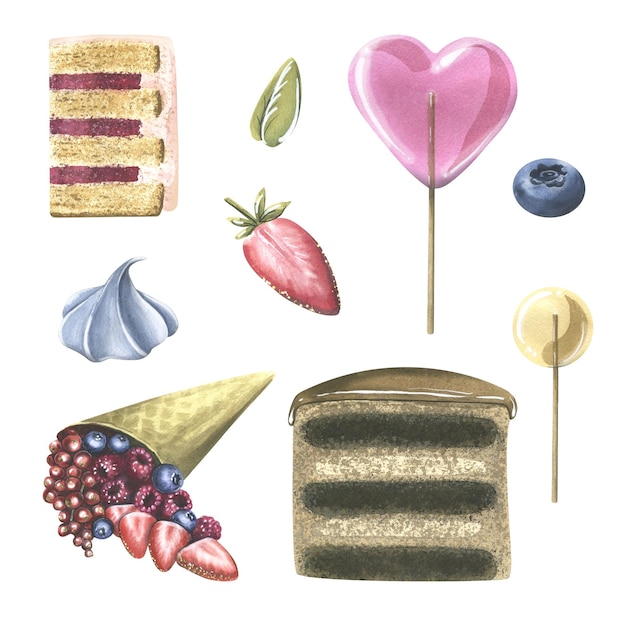 Zdjęcie zestaw ciast z ciasteczkami, wafelkiem, bezą, lizakami, truskawkami i jagodami. akwarela ilustracja ręcznie rysowana. zestaw izolowanych elementów na białym tle.