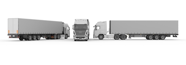 Zestaw ciężarówek kontenerowych 3D z przodu, z tyłu i z boku do reklamy na białym tle