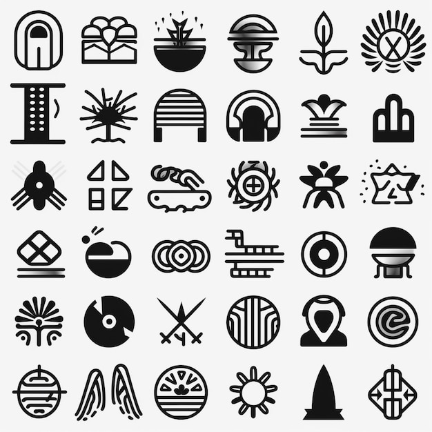 Zestaw czarno-białych ikon o różnych typach i rozmiarach generatywny ai
