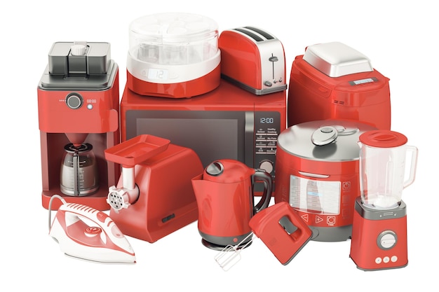 Zestaw czerwonych urządzeń domowych kuchennych Toaster czajnik kawiarnia żelazo kuchenka mikrofalowa mikser mikser jogurt maker multicooker młyn maszyna do chleba rendering 3D