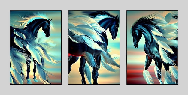 Zestaw czterech obrazów koni z napisem "koń" po lewej stronie.