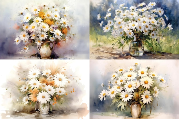 zestaw czterech rysunków bukiet kwiatów